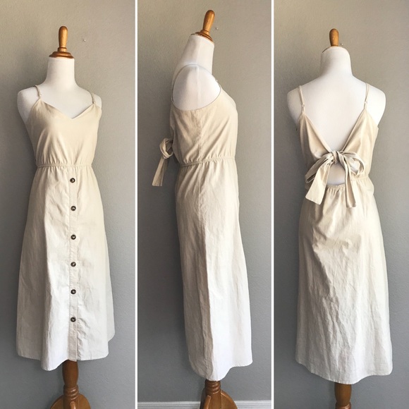 LOWEST PRICE Beige Button Up Tie Back Linen Dress - Picture 2 of 6